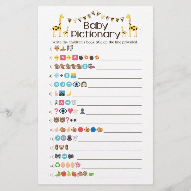Giraffe Baby Books Emoji Pictionary Shower Game Flyer (Front)