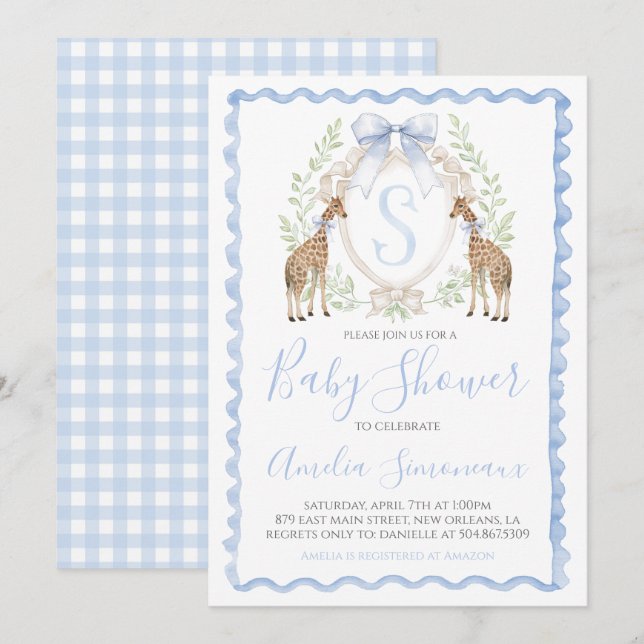 Giraffe Baby Boy Shower Preppy Gingham Blue Invitation (Front/Back)
