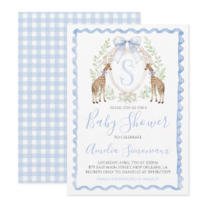 Giraffe Baby Boy Shower Preppy Gingham Blue Invitation