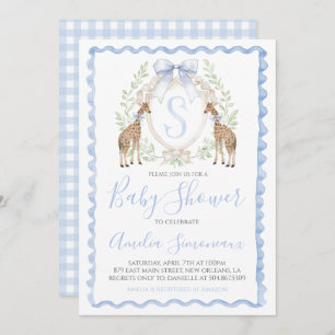 Giraffe Baby Boy Shower Preppy Gingham Blue Invitation