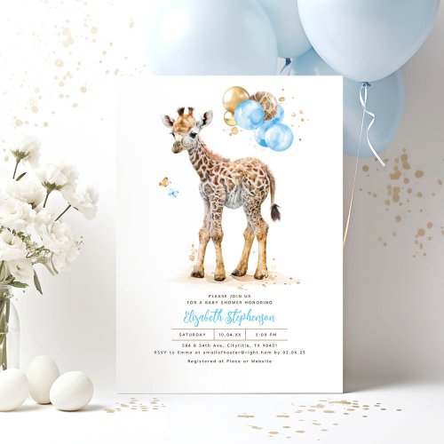 Giraffe Baby Cute Brown and Blue Baby Shower Invitation