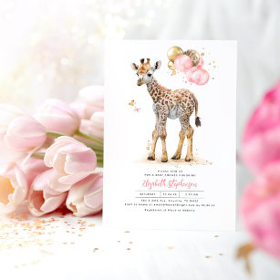 Giraffe Baby Cute Pink Brown Gold Girl Baby Shower Invitation