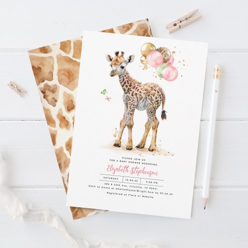 Giraffe Baby Pink Brown Gold Green Baby Shower Invitation