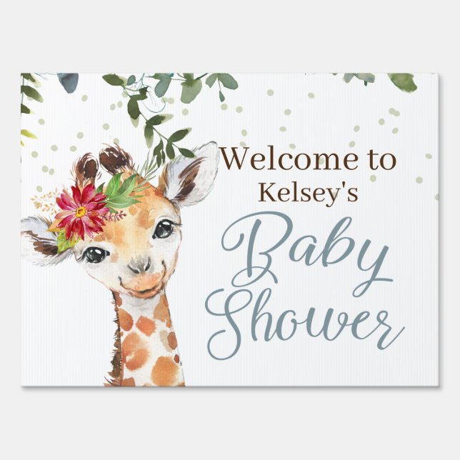 Giraffe Baby Shower Blue Gray Welcome Yard Sign (Front)