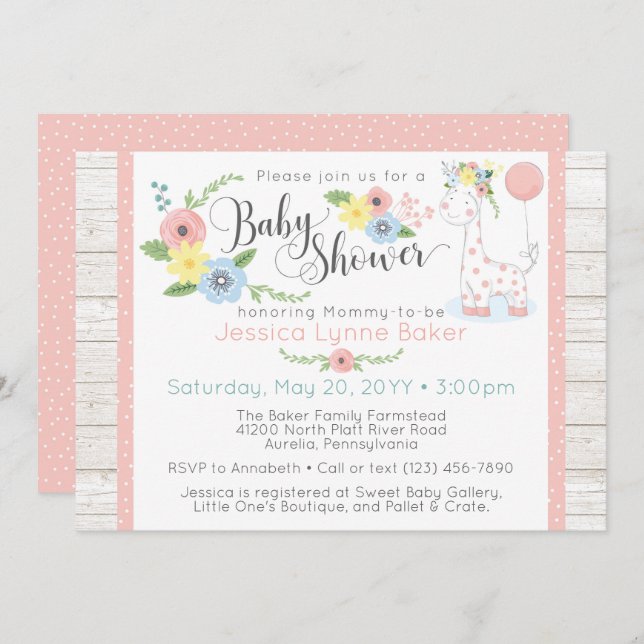 Giraffe Baby Shower | Cute Floral & Rustic Wood Invitation (Front/Back)