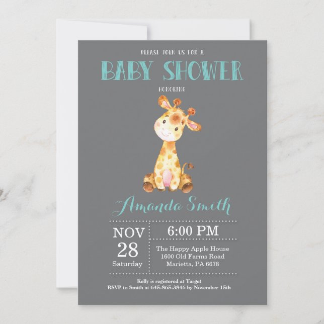 Giraffe Baby Shower Invitation Aqua and Gray (Front)