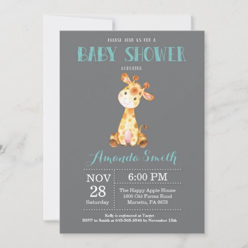 Giraffe Baby Shower Invitation Aqua and Gray