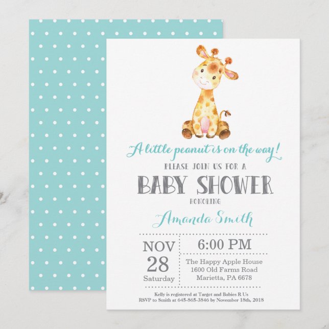 Giraffe Baby Shower Invitation Aqua and Gray (Front/Back)