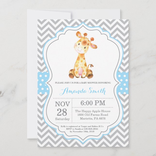 Giraffe Baby Shower Invitation Blue and Gray (Front)