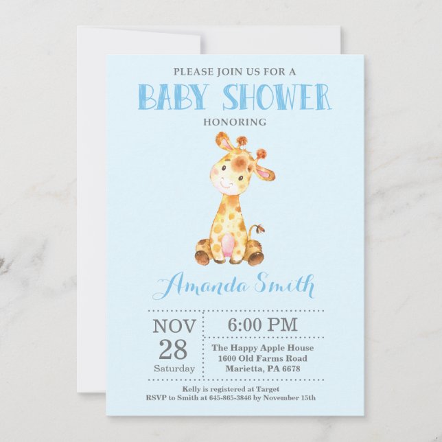 Giraffe Baby Shower Invitation Blue and Gray (Front)