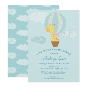 Giraffe Baby Shower Invitation Blue Boy Balloon