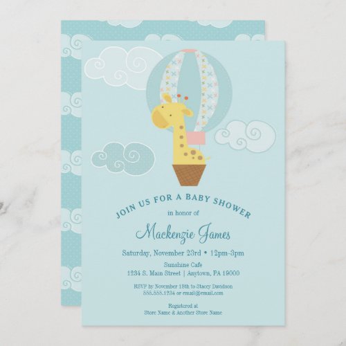 Giraffe Baby Shower Invitation Blue Boy Balloon