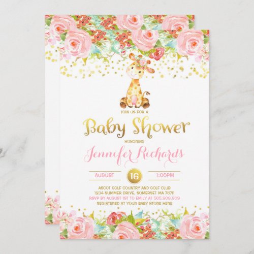 Giraffe Baby Shower Invitation Floral Pink  Gold