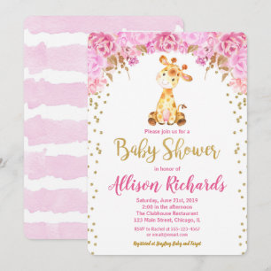 Giraffe baby shower invitation girl pink gold