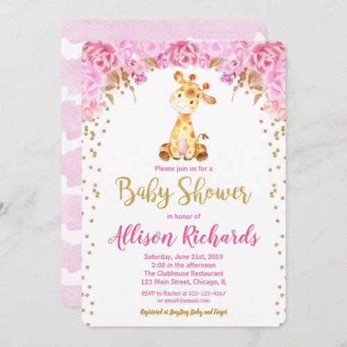 Giraffe baby shower invitation girl pink gold