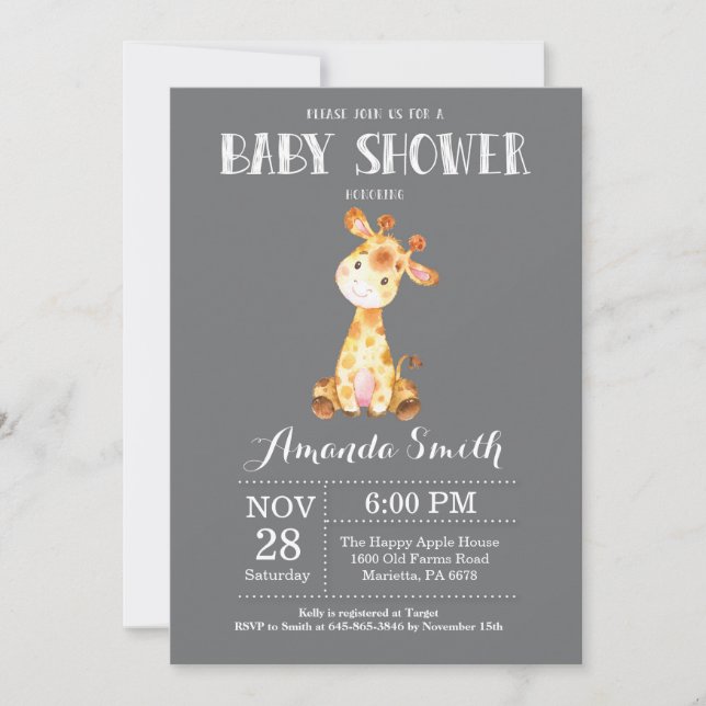 Giraffe Baby Shower Invitation Gray (Front)