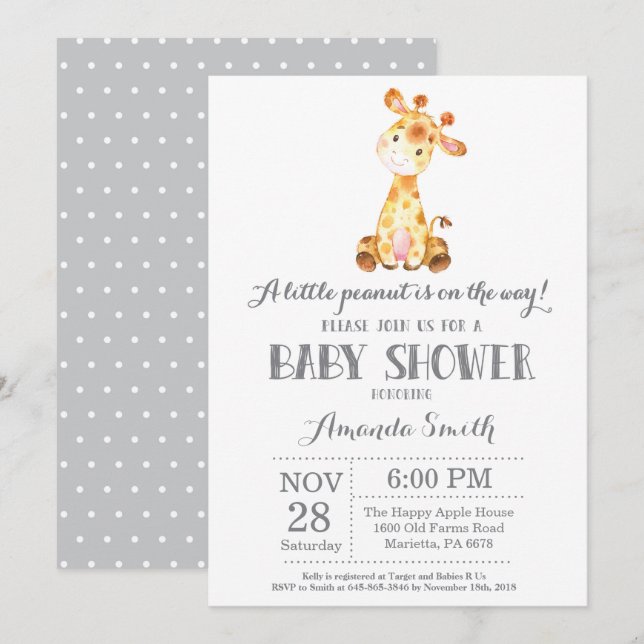 Giraffe Baby Shower Invitation Gray (Front/Back)