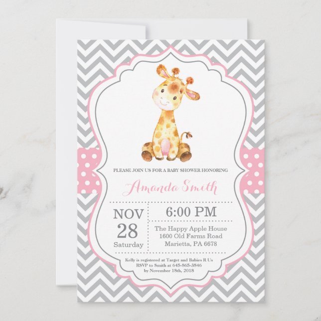 Giraffe Baby Shower Invitation Pink and Gray (Front)