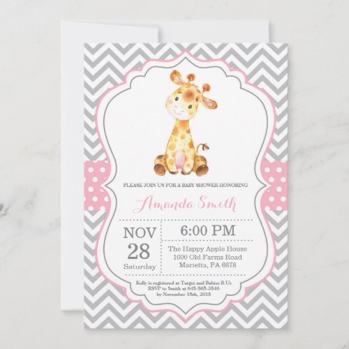 Giraffe Baby Shower Invitation Pink and Gray