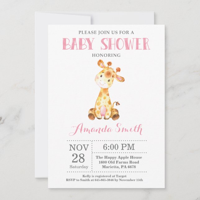 Giraffe Baby Shower Invitation Pink and Gray (Front)