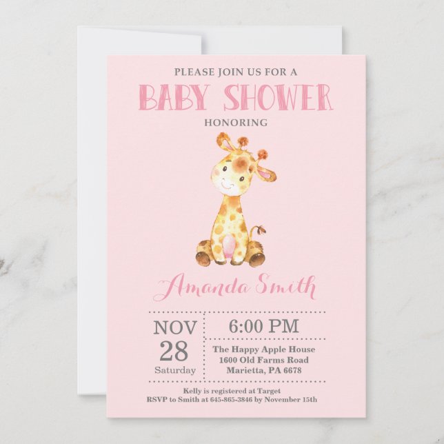 Giraffe Baby Shower Invitation Pink and Gray (Front)