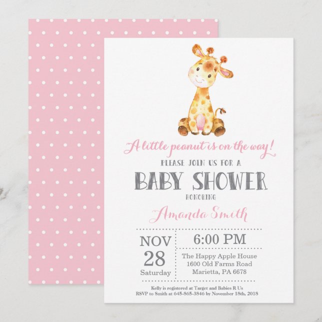 Giraffe Baby Shower Invitation Pink and Gray (Front/Back)