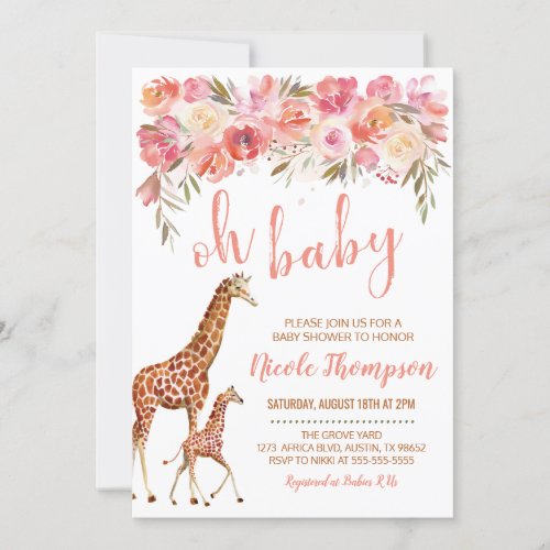 Giraffe Baby Shower Invitation  Pink Floral