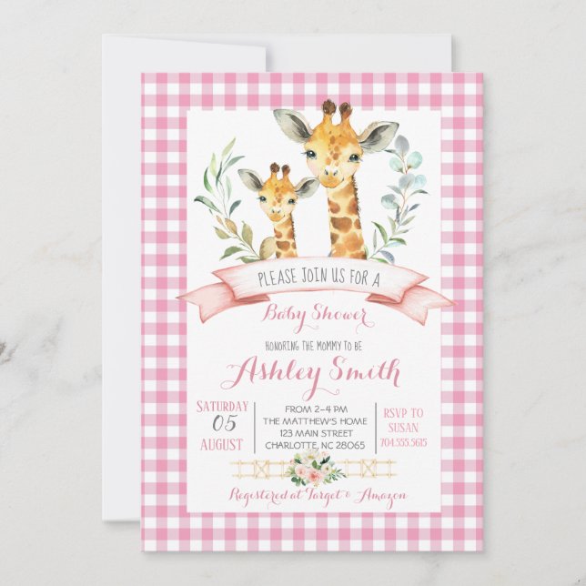 Giraffe baby shower invitation pink girl (Front)