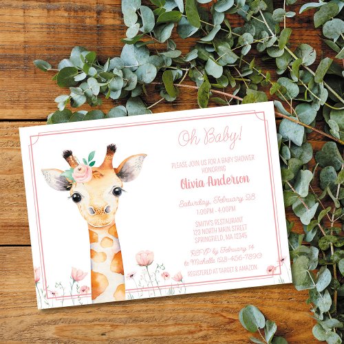 Giraffe Baby Shower Invitation Pink Girl Giraffe  Invitation