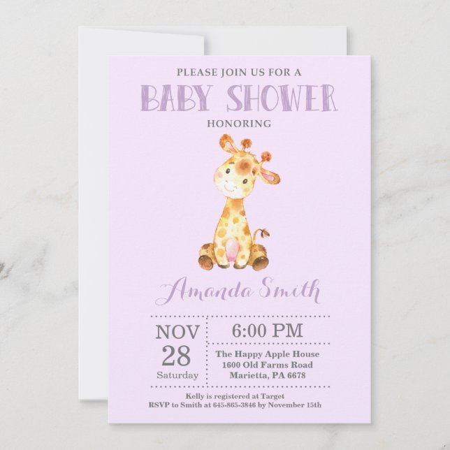 Giraffe Baby Shower Invitation Purple and Gray (Front)