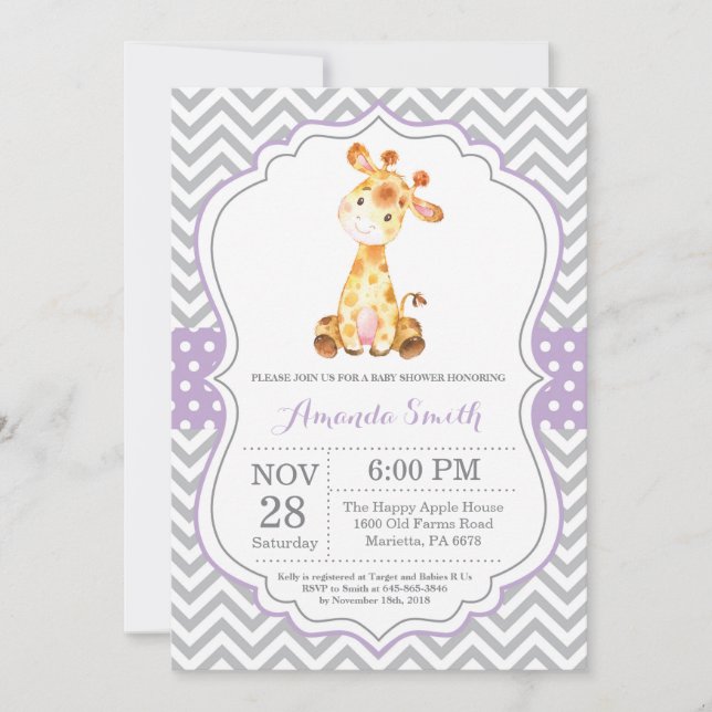 Giraffe Baby Shower Invitation Purple and Gray (Front)