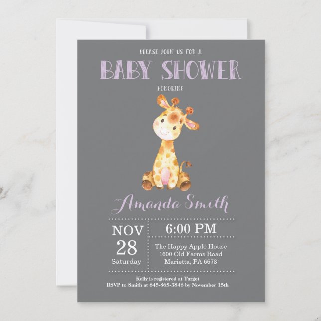 Giraffe Baby Shower Invitation Purple and Gray (Front)