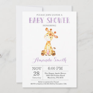 Giraffe Baby Shower Invitation Purple and Gray