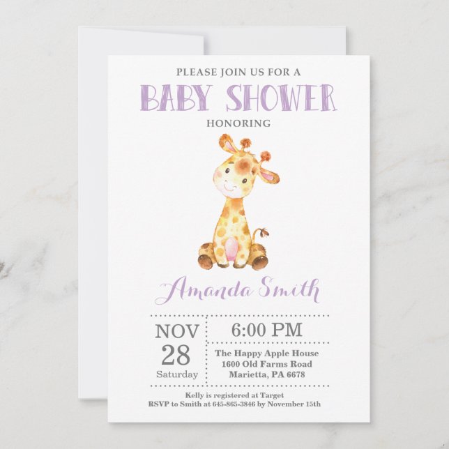 Giraffe Baby Shower Invitation Purple and Gray (Front)