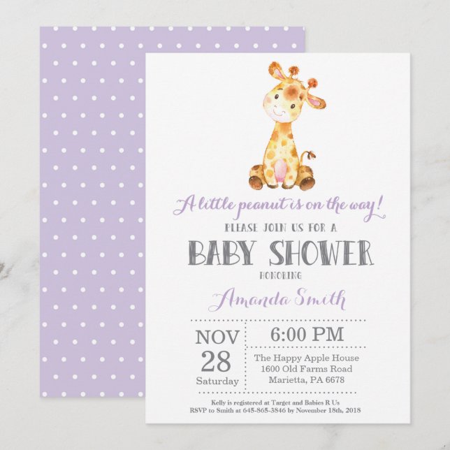 Giraffe Baby Shower Invitation Purple and Gray (Front/Back)