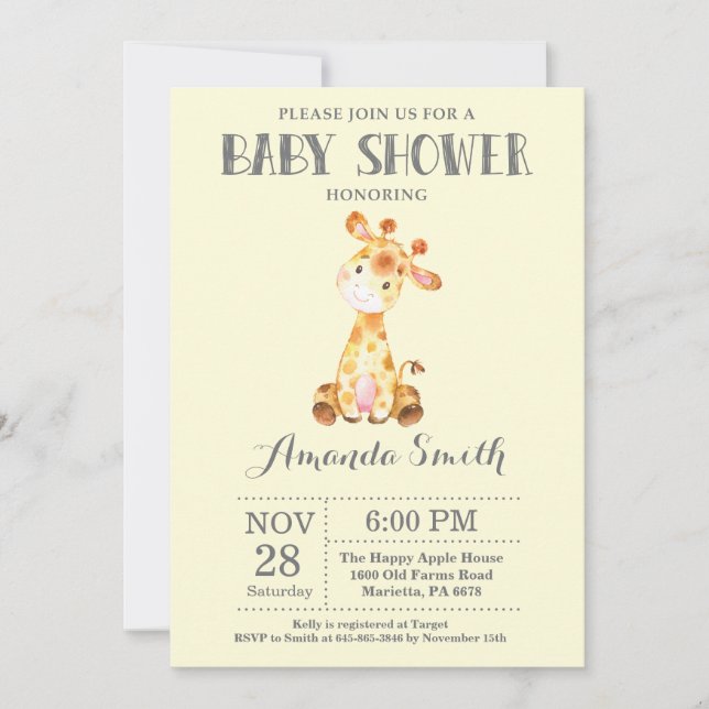 Giraffe Baby Shower Invitation Yellow and Gray (Front)