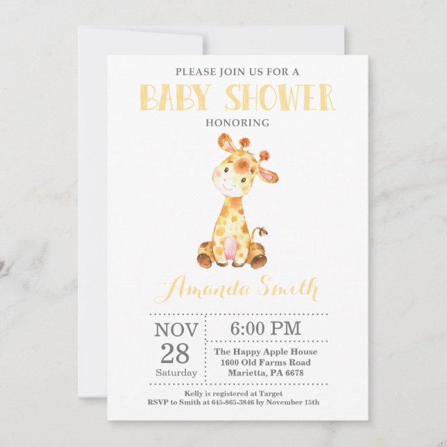 Giraffe Baby Shower Invitation Yellow and Gray (Front)