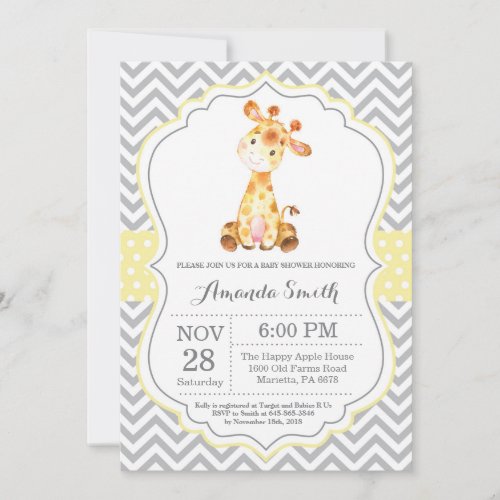 Giraffe Baby Shower Invitation Yellow and Gray