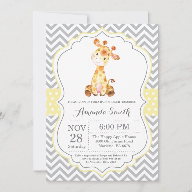 Giraffe Baby Shower Invitation Yellow and Gray (Front)