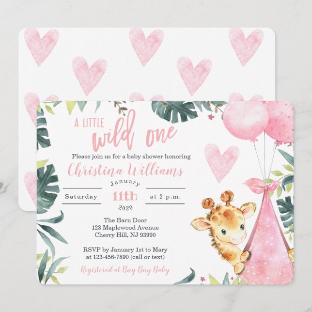 Giraffe Baby Shower Invitations for a Girl (Front/Back)