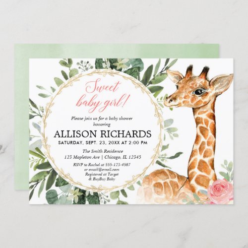 Giraffe baby shower Sweet baby girl jungle theme Invitation