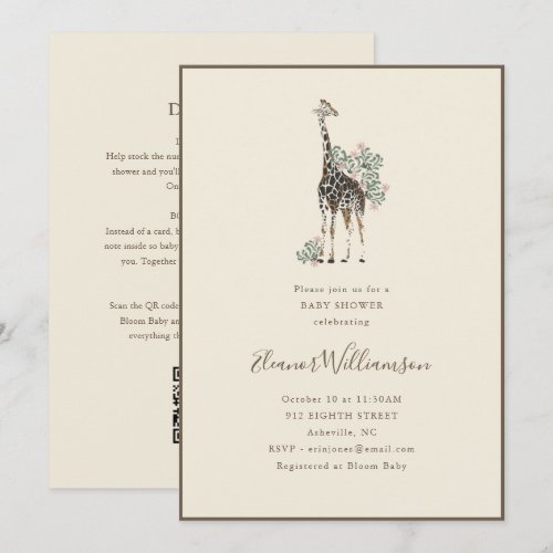 Giraffe Baby Shower Watercolor Blush Floral Cute Invitation