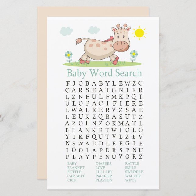 Giraffe Baby Shower Word Search Game (Front/Back)