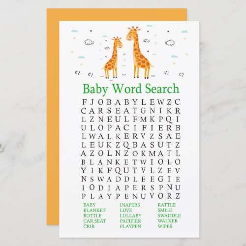 Giraffe Baby Shower Word Search Game