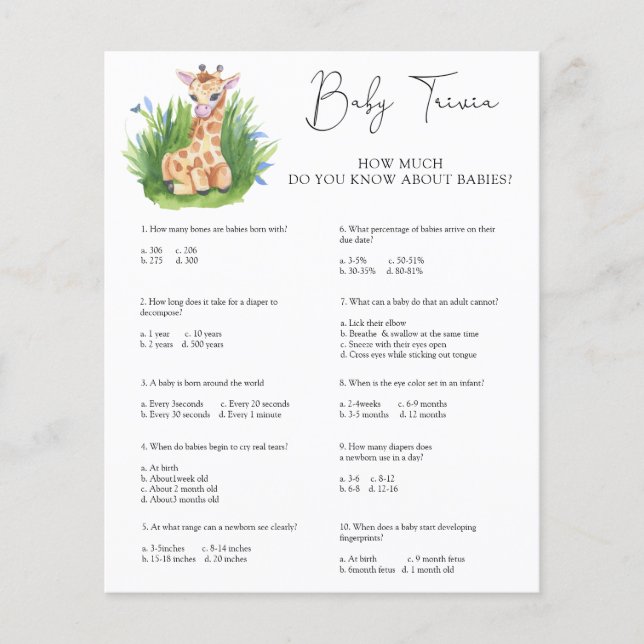 Giraffe Baby Trivia | Baby Shower Game (Front)