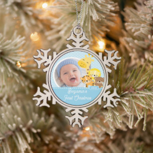 Giraffe Baby's First Christmas Photo Snowflake Pewter Christmas Ornament