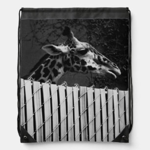 Giraffe behind Fence Black & White Photograph Drawstring Bag