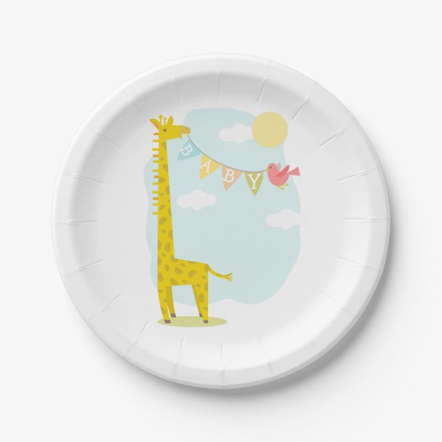 Giraffe + Bird Neutral Baby Shower Paper Plates (Front)