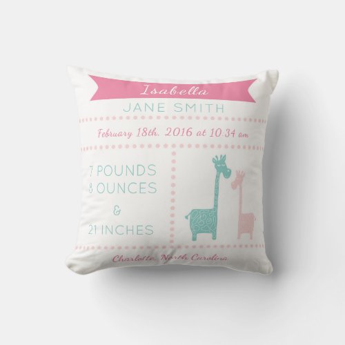 Giraffe Birth Stats Pink Mint Aqua Teal Pillow