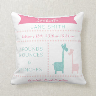 Giraffe Birth Stats Pink Mint Aqua Teal Pillow